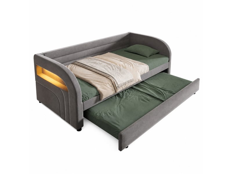  Lit gigogne simple 90×200 cm avec led réglable et lit d'appoint - okmyhome- gris, sans matelas, flanelle  - Conforama A