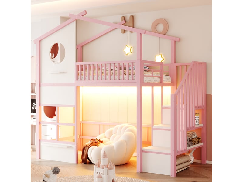 Lit mezzanine maison 90x200 cm avec éclairage led et escalier avec rangement, métal, rose et blanc, sans matelas - Conforama E