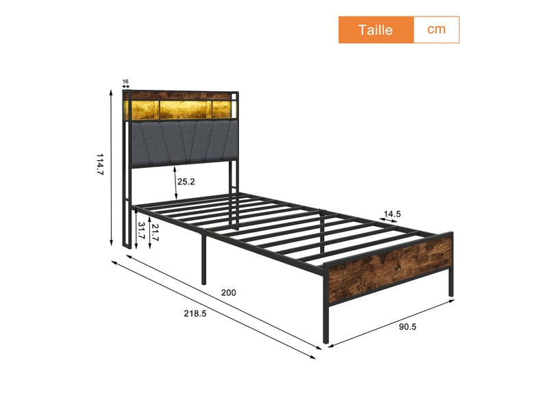  Lit simple 90 x 200 cm avec éclairage led, port usb et tête de lit, gris  - Conforama C