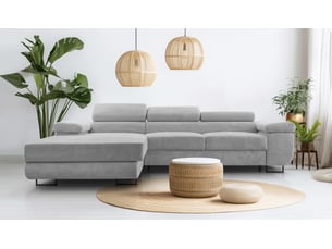 Canapé d'angle gauche convertible <strong>AX LIVING </strong> <strong>Arborio</strong> 5 places Velours côtelé gris avec coffre de rangement