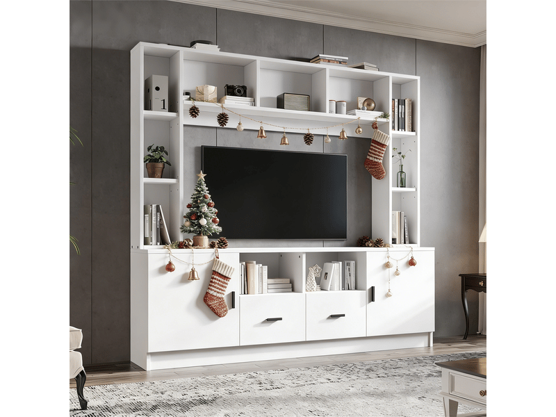  Ensemble meuble tv mural avec vitrine et étagères pour écran jusqu'à 60 pouces, 180cm, blanc  - Conforama D