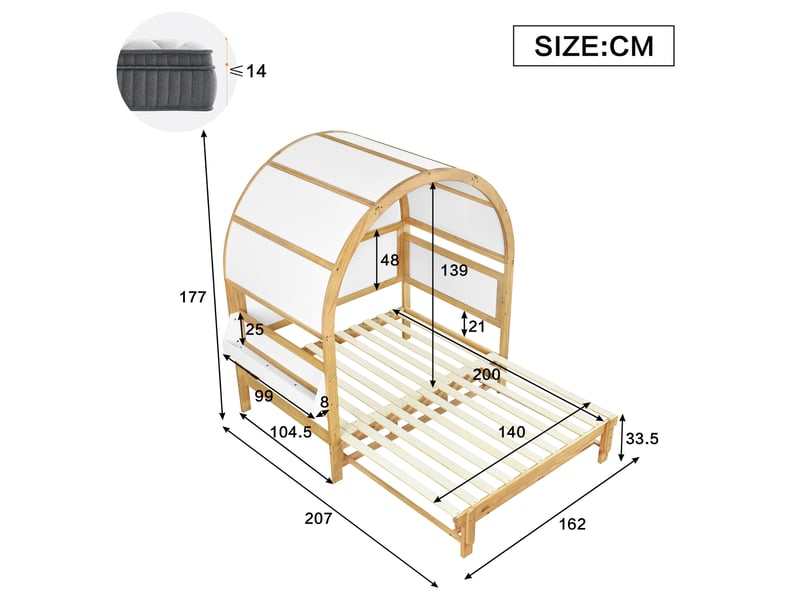  Lit maison enfant 140x200cm blanc et naturel, structure pin et mdf, couchage coulissant et toit  - Conforama B