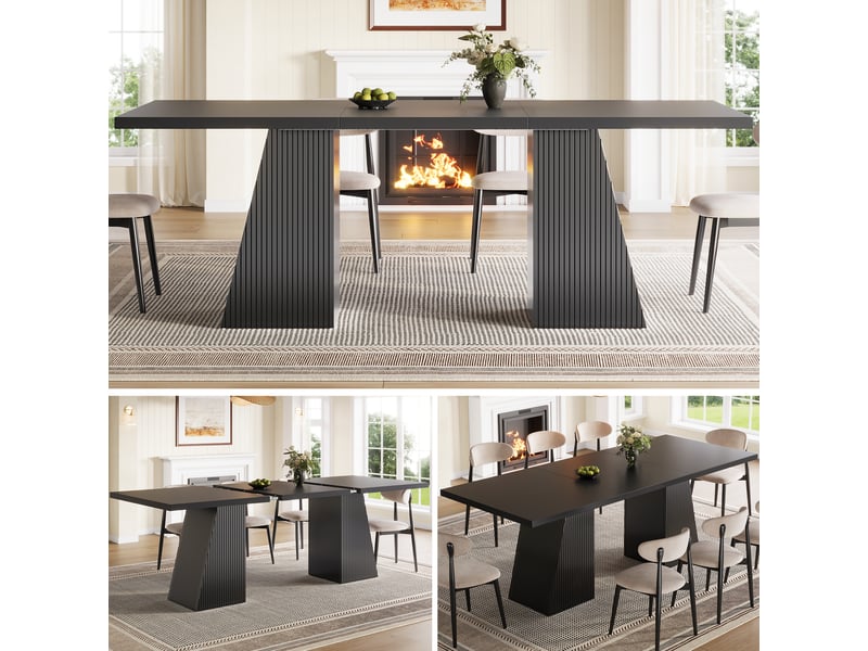 Table de salle à manger extensible 120160x80x76 cm pour 4 à 6 personnes, pieds trapézoïdaux, structure rainurée, patins antidérapants - noir - Conforama D