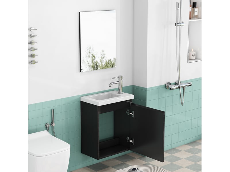 Meuble sous vasque mural avec lavabo, miroir, porte à charnières amorties et façade sans poignée noir brillant - Conforama E