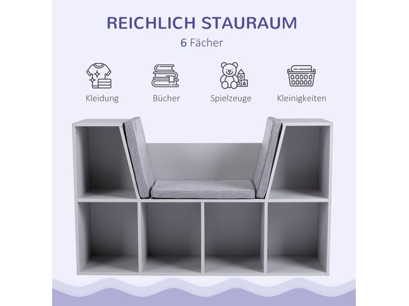  Bibliothèque enfant avec banc de rangement 103 x 30 x 62 cm – gris – 6 compartiments avec 3 coussins  - Conforama D