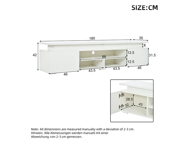  Meuble tv 180 x 35 x 42 cm blanc mdf, éclairage rgb avec commande par application et rangements ouverts  - Conforama C
