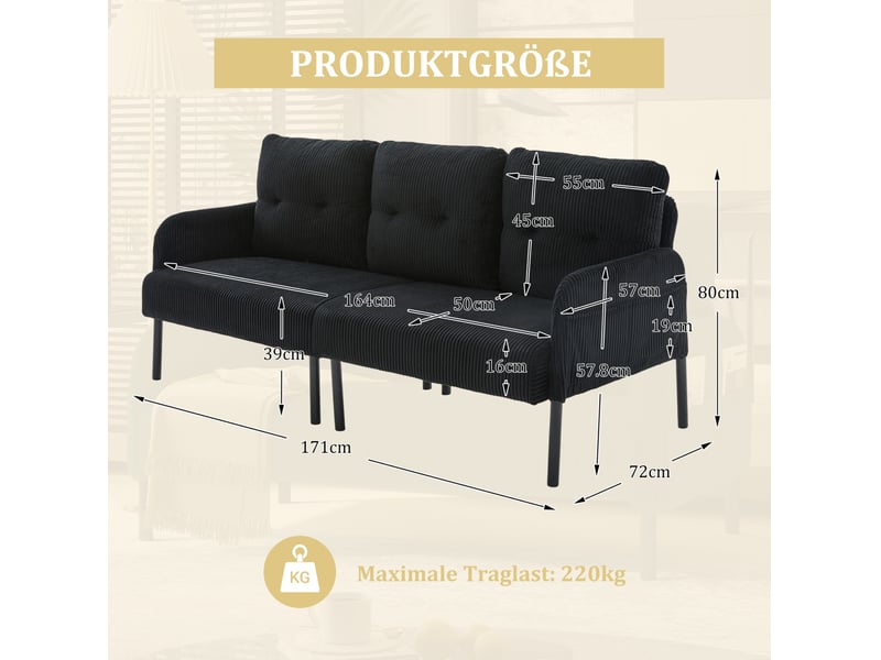  Canapé 3 places en velours côtelé noir avec poches latérales  - Conforama C
