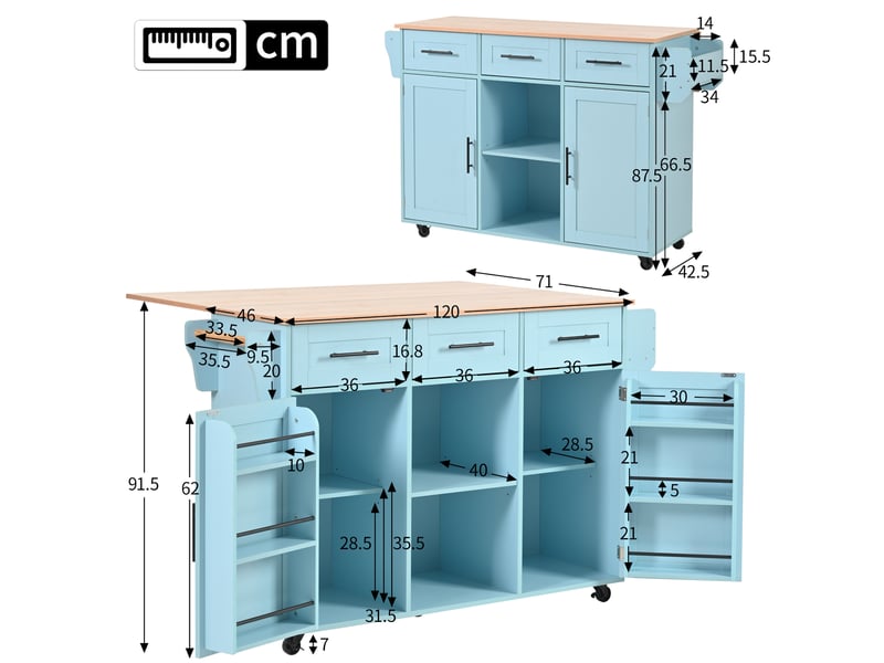  Desserte de cuisine 139 x 46 x 91,5 cm bleue en mdf, plateau rabattable, 3 tiroirs et rangement mobile  - Conforama C