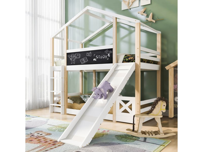 Lit superposé enfant cabane avec toboggan et échelle 90x200 cm blanc - Conforama D