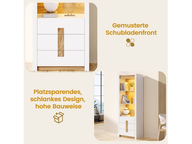  Vitrine bibliothèque 63 x 41,5 x 200 cm – blanc mat – led bluetooth, 3 tiroirs et étagères réglables  - Conforama E
