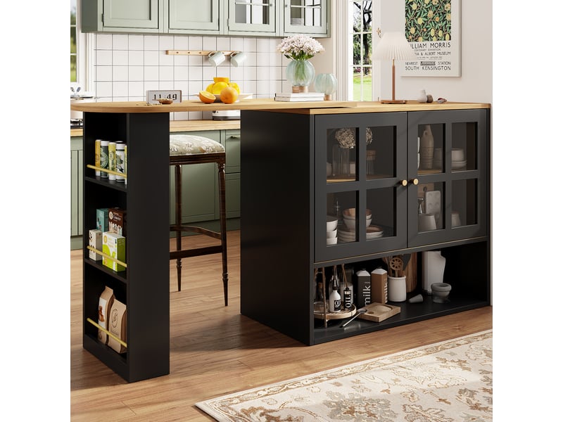 Table de bar pivotante à 360 degrés, îlot de cuisine extensible noir (138-204cm) avec étagères de rangement et portes en verre. - Conforama R