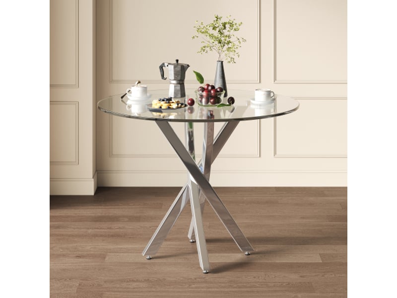  Table à manger ronde, table à manger moderne, plateau en verre trempé, pieds de table galvanisés, argent  - Conforama C