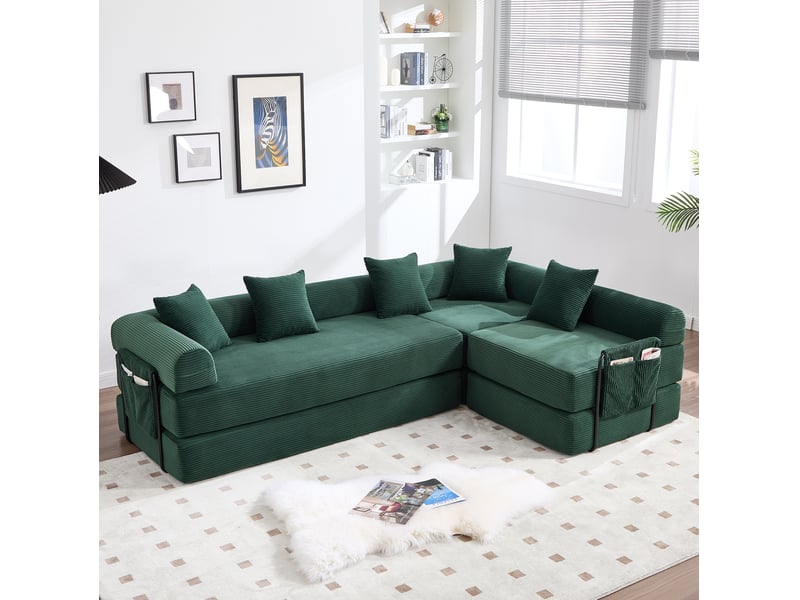  Canapé modulaire 4 places avec couchage d’appoint et poche latérale en velours côtelé vert émeraude 270 × 180 × 64 cm  - Conforama B