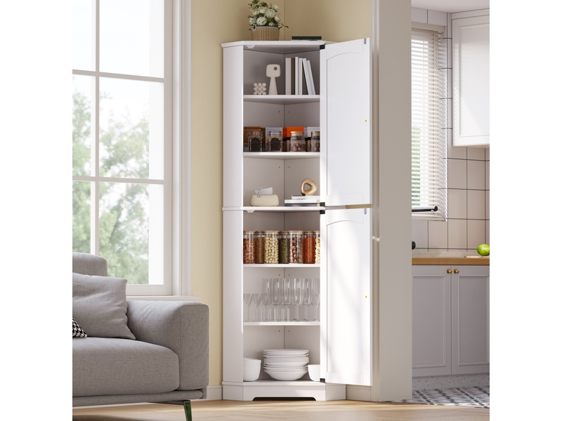 Meuble d'angle de rangement avec 2 portes et étagères réglables pour cuisine et salon en mdf blanc 42 × 42 × 166 cm - Conforama D