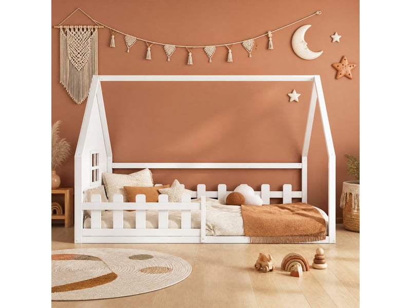 Lit enfant cabane 140 x 200 cm blanc avec barrières - Conforama C