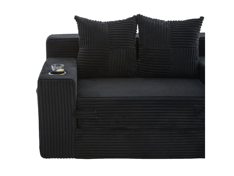  Canapé-lit 2 places 151x133x64 cm noir en velours côtelé, 2 coussins, porte-gobelet et rangement latéral  - Conforama E