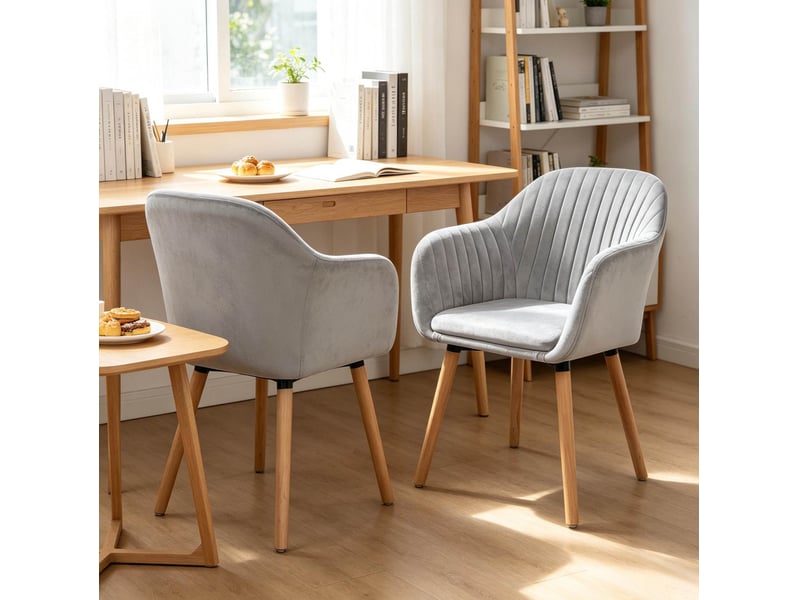  Lot de 2 chaises de salle à manger avec accoudoirs en velours gris clair  - Conforama C