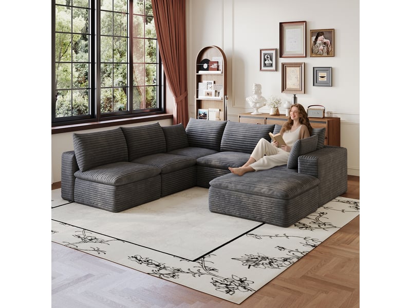  Grand canapé nuage en velours côtelé 6 places gris foncé, design double couche avec housse amovible, 260x250cm, confort optimal pour le salon.  - Conforama B