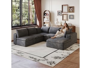 Grand canapé nuage en velours côtelé 6 places gris foncé, design double couche avec housse amovible, 260x250cm, confort optimal pour le salon.