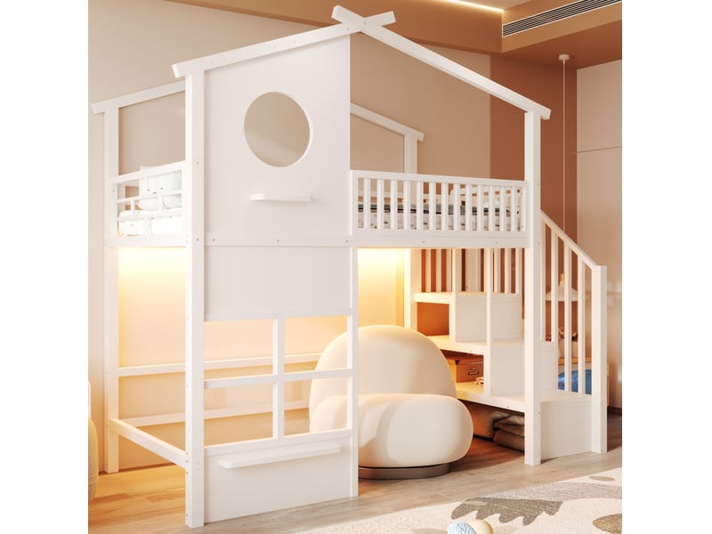 Lit mezzanine 90 × 200 cm avec escalier latéral de rangement ruban led et barrières hautes pour chambre enfant blanc - Conforama D