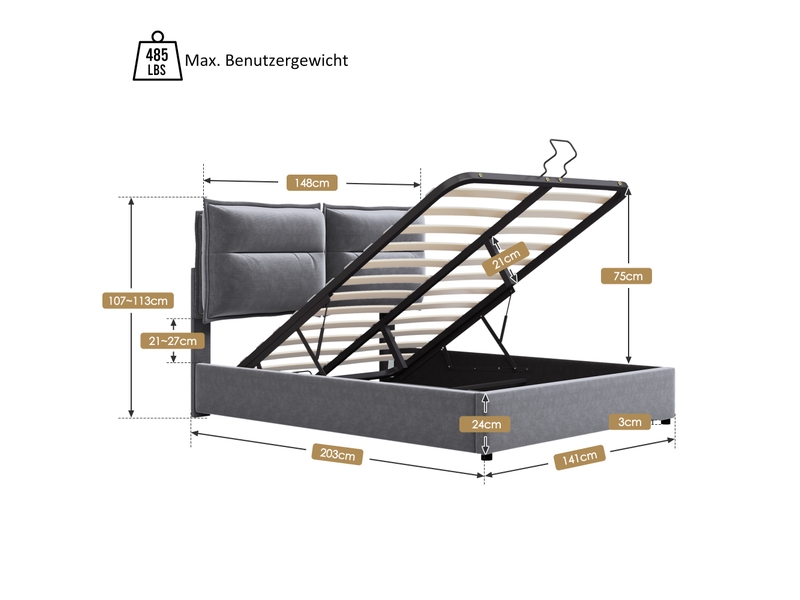  Lit coffre 140x200 cm - lit coffre capitonné double avec tête de lit ajustable et coffre hydraulique, velours gris, matelas inclus  - Conforama C