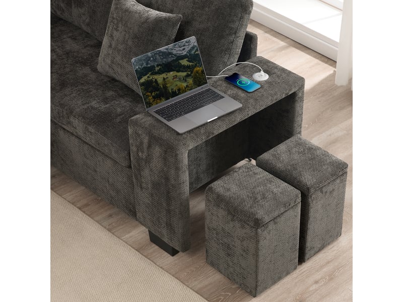 Canapé d'angle convertible 5 places en chenille gris avec coffre intégré et méridienne réversible - Conforama E