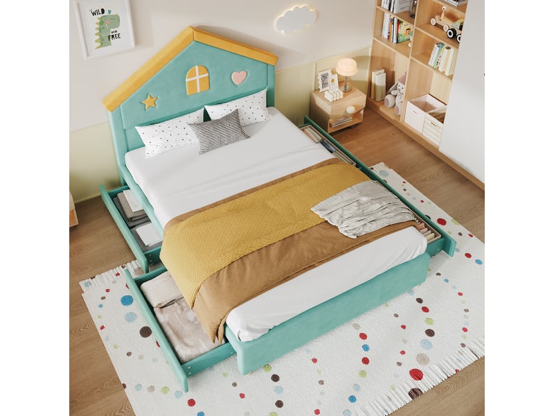  Lit cabane enfant bleu et vert 140 × 200 cm en velours, avec 4 tiroirs, charge maximale 220 kg, structure rembourrée  - Conforama E