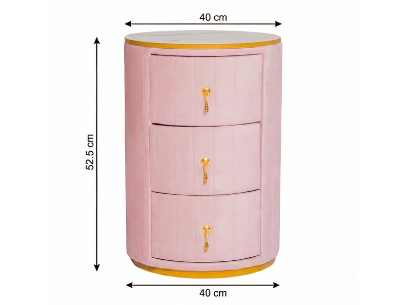  Table de chevet 3 tiroirs, 40 x 40 x 52,5 cm – design rond en velours rose, plateau effet marbre, détails dorés  - Conforama C