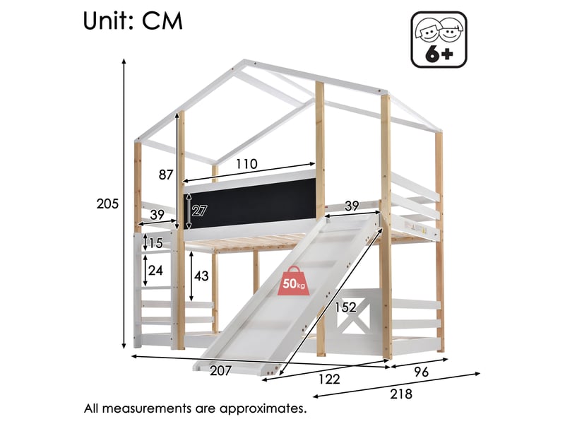 Modenvie lit mezzanine cabane enfant 90x200 cm - avec toboggan amovible et tableau, sans matelas - blanc  - Conforama C
