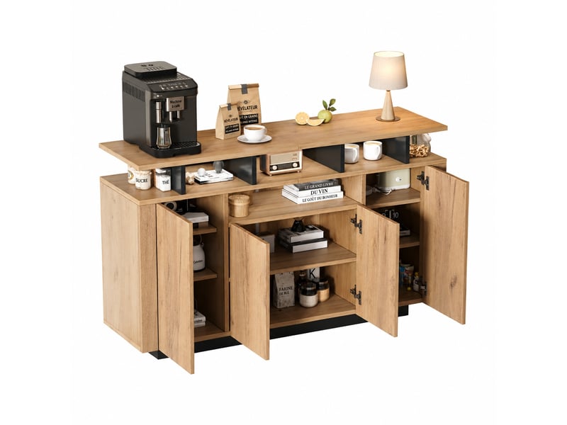 Buffet 4 portes avec 3 niches ouvertes, bois naturel et noir, 140 x 40 x 85 cm - Conforama A