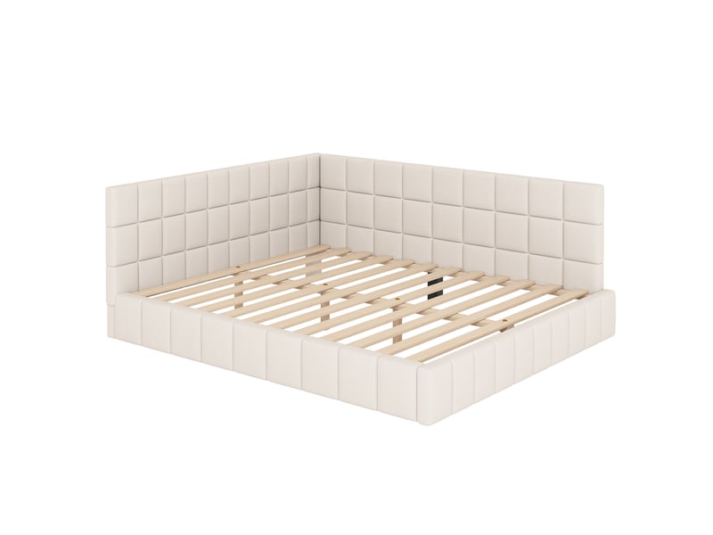  Lit banquette 160x200 cm multifonction en velours beige, dossier rembourré et sommier à lattes  - Conforama E