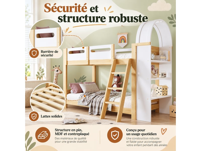 Lit superposé enfant 90 x 200 cm en bois avec étagère 3 niveaux, échelle 3 marches et garde-corps, blanc et naturel - Conforama D
