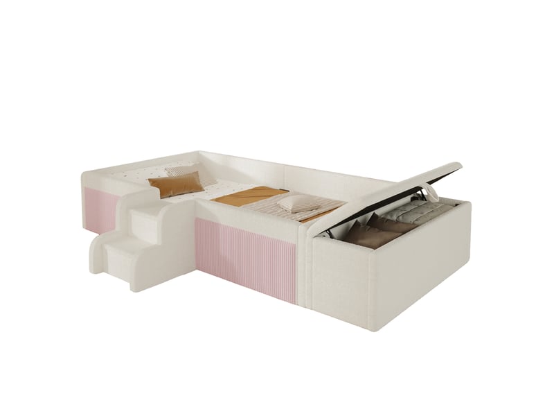 Lit enfant 90x190 cm rembourré en bouclé blanc, avec petite échelle, banquette coffre de rangement mobile, barrières de sécurité et design confortable - Conforama A