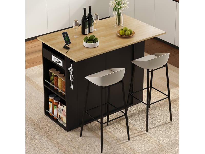  Îlot de cuisine 120x75x97 cm noir avec plateau rabattable et prises  - Conforama D