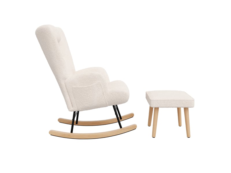 Fauteuil à bascule en tissu bouclette avec repose-pieds - 70 x 66 x 89 cm-blanc - chaise berçante avec appui-tête et poches latérales - Conforama C