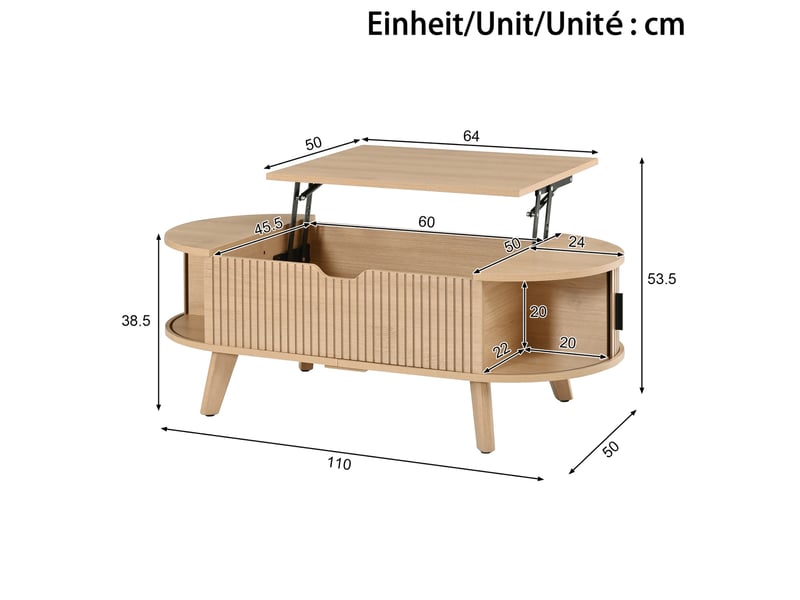  Table basse relevable ovale 110x50x53,5 cm avec rangement coloris bois naturel  - Conforama C