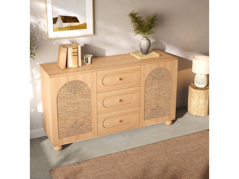  Buffet 140x40x80cm - buffet bas sideboard 2 portes tressées avec 3 tiroirs, pieds boules bois massif - naturel  - Conforama C