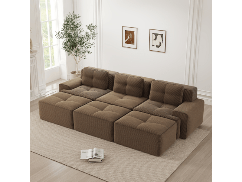  Canapé d’angle modulable marron velours doux, convertible avec poufs - style cloud, 3 places  - Conforama D