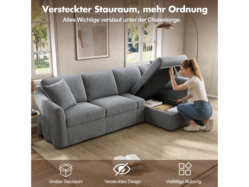  Canapé d’angle l 4 places gris 274 × 128,5 × 83 cm, méridienne avec rangement, housses coton lin déhoussables et lavables, tissu salon  - Conforama D