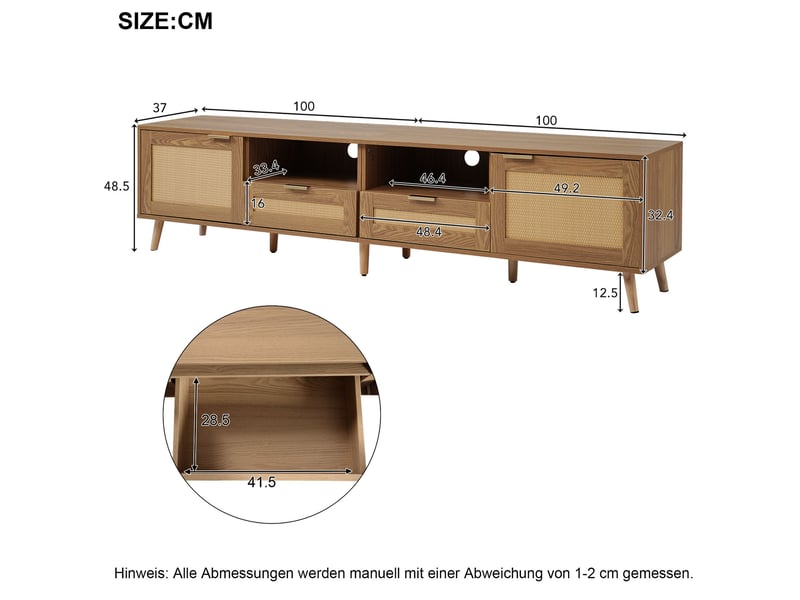  Meuble tv 200 x 37 x 49 cm, chêne, 2 portes, 2 tiroirs et détails en rotin  - Conforama C