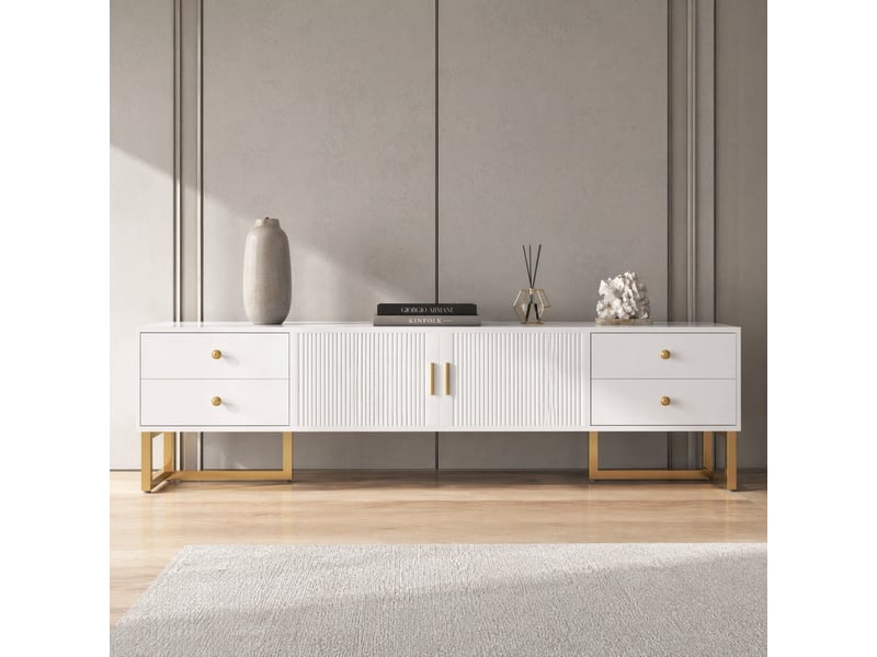 Meuble tv avec 4 tiroirs, 2 portes texturées, charnières amorties et pieds dorés en mdf blanc 175×30×46 cm  - Conforama B