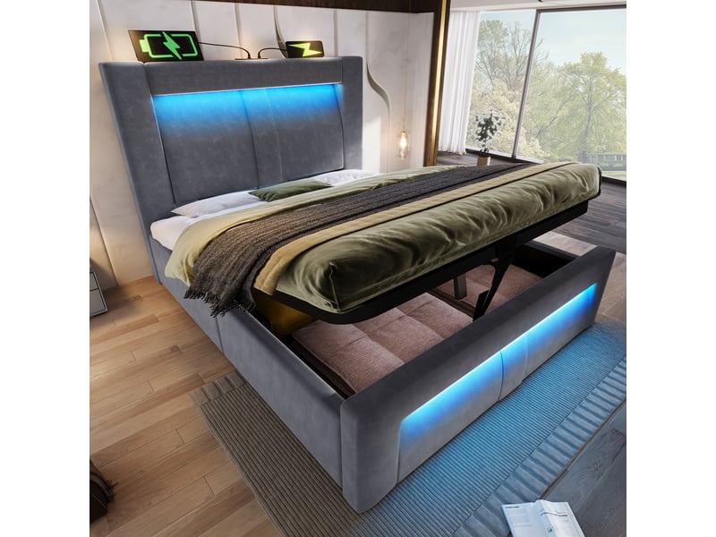  Lit coffre simple 90×200 cm, rangement, led réglable, usb et type-c - okmyhome- matelas inclus, velours gris  - Conforama C