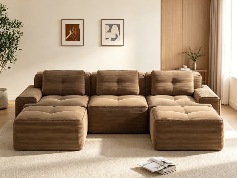  Canapé modulable en u avec ottomane, 3 places en tissu côtelé, aucun assemblage requis, 69 × 293 × 177 cm, marron  - Conforama B