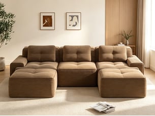 Canapé modulable en u avec ottomane, 3 places en tissu côtelé, aucun assemblage requis, 69 × 293 × 177 cm, marron