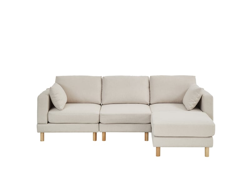  Canapé d'angle 3 places scandinave beige avec pouf 235x152x78 cm - tissu polyester et pieds en bois massif  - Conforama A