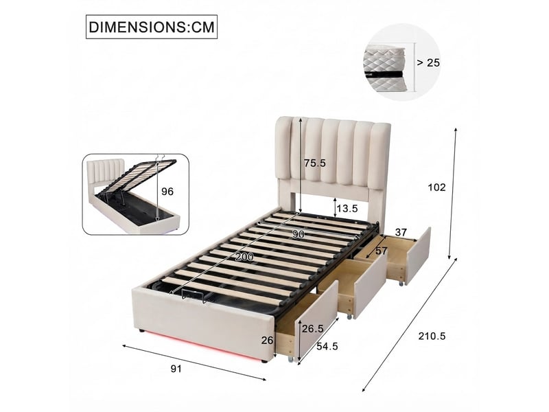  Lit jeune, 90x200 cm, éclairage led, rangement intégré, bicolore cao-N622D783031W-conf-NEW - Conforama E