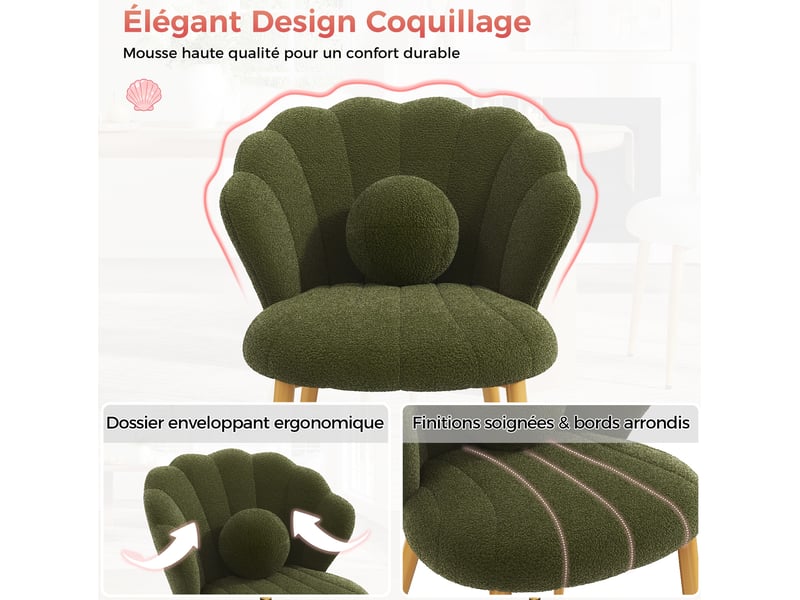  Lot de 6 chaises de salle à manger 60x62,5x83 cm, dossier coquillage, coussins, tissu teddy, vert  - Conforama E