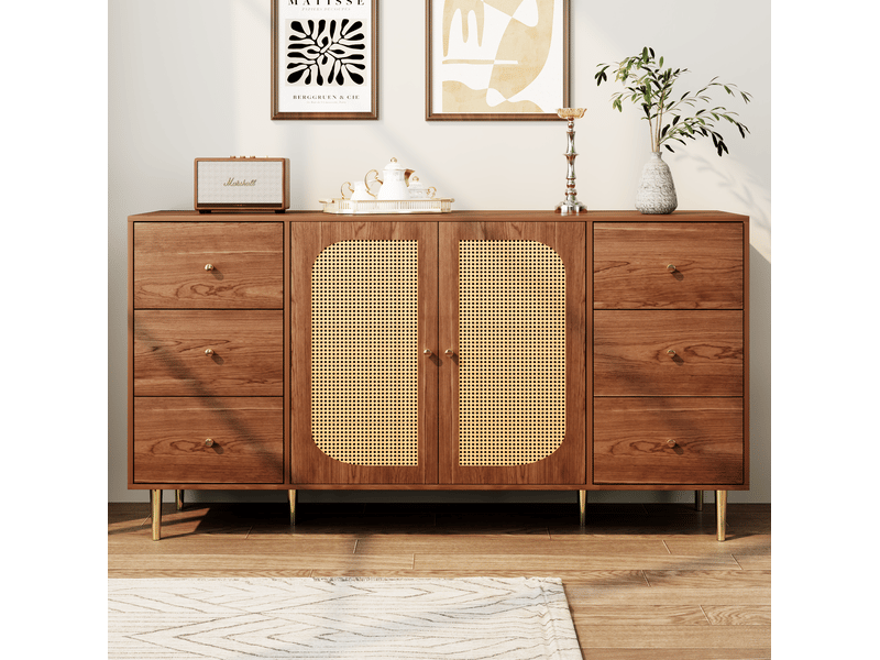  Buffet haut en mdf avec portes en rotin et 6 tiroirs – marron – 160 x 40 x 90 cm  - Conforama B