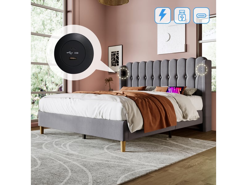  Lit rembourré gris 160 x 200 cm avec ports usb et usb type-c  - Conforama E
