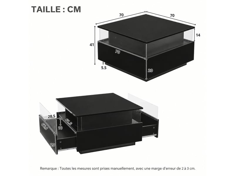  Table basse led noire pour salon, 70 x 70 x 41 cm, 2 tiroirs, plateau brillant, noir  - Conforama E
